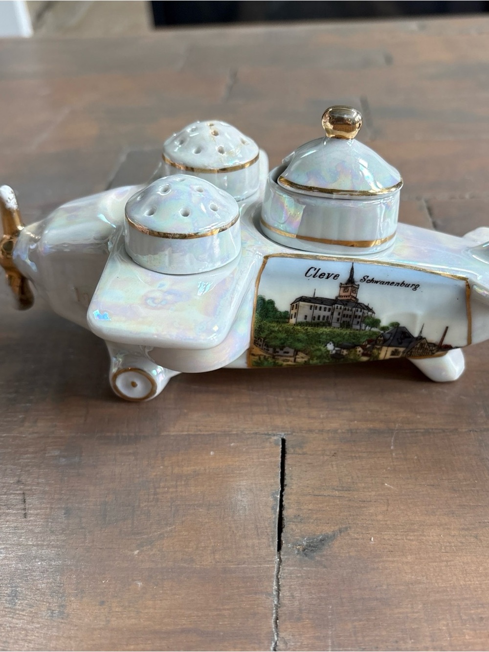 Vintage porcelain Iridescent Salt & Pepper Set with Matching Mustard Pot Germany
